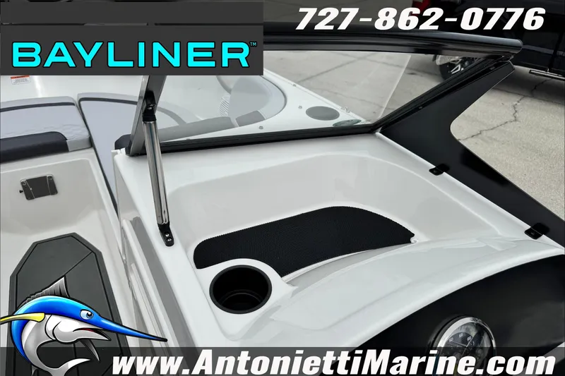 Slide: The Image of 2026 Bayliner Element E17 boat interior with windshield and cup holder, Antonietti Marine branding. - 27