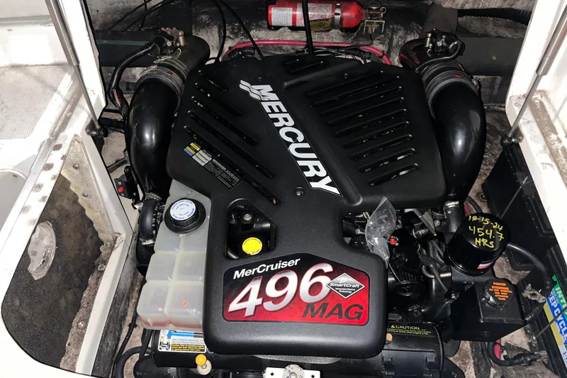 Slide: The Image of Engine compartment of a 2002 Sea Ray 270 Sundeck with MerCruiser 496 MAG engine. - 11
