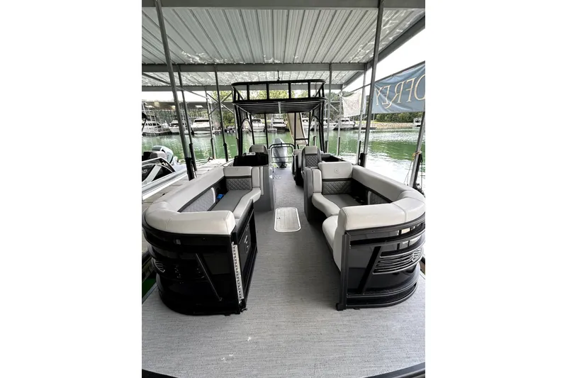 Slide: The Image of Interior of 2025 Godfrey AquaPatio 255 SDC Slide boat with luxurious seating. - 9