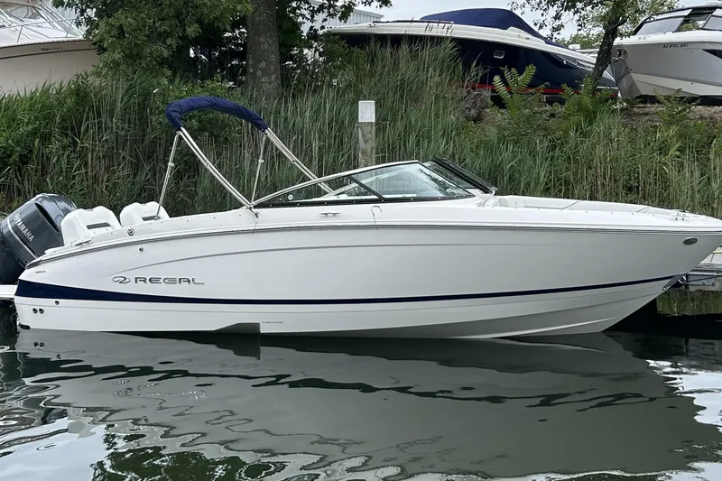 The Image of 2022 Regal LX4 boat docked by lush greenery, featuring sleek white design and Yamaha engine. - 0