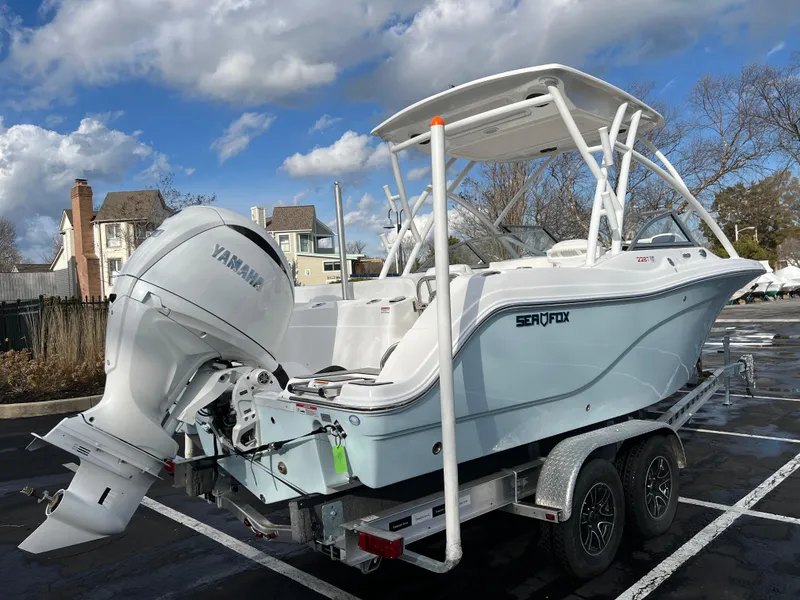 Slide: The Image of 2024 Sea Fox 228 Traveler boat with Yamaha outboard motor on trailer. - 12