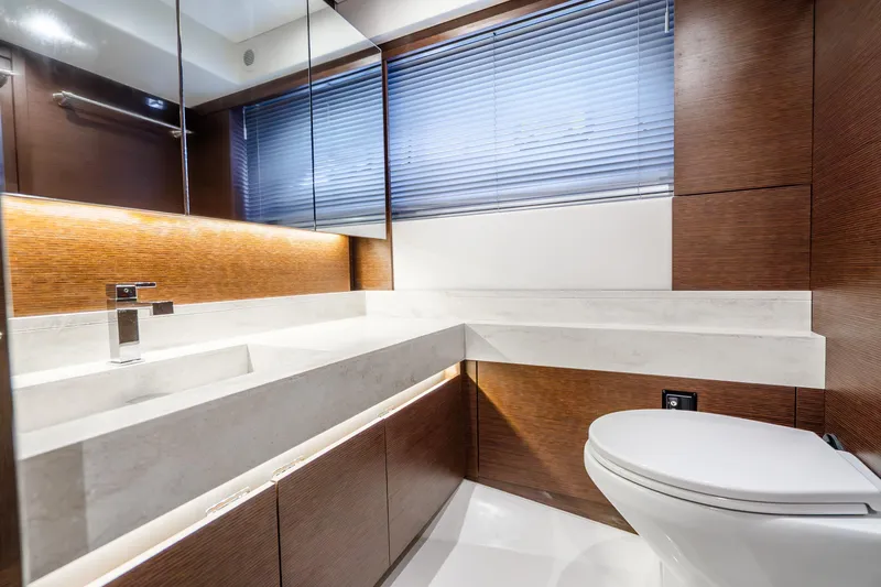 Slide: The Image of Luxurious bathroom interior on 2018 Prestige 520S yacht, featuring sleek design and modern fixtures. - 57