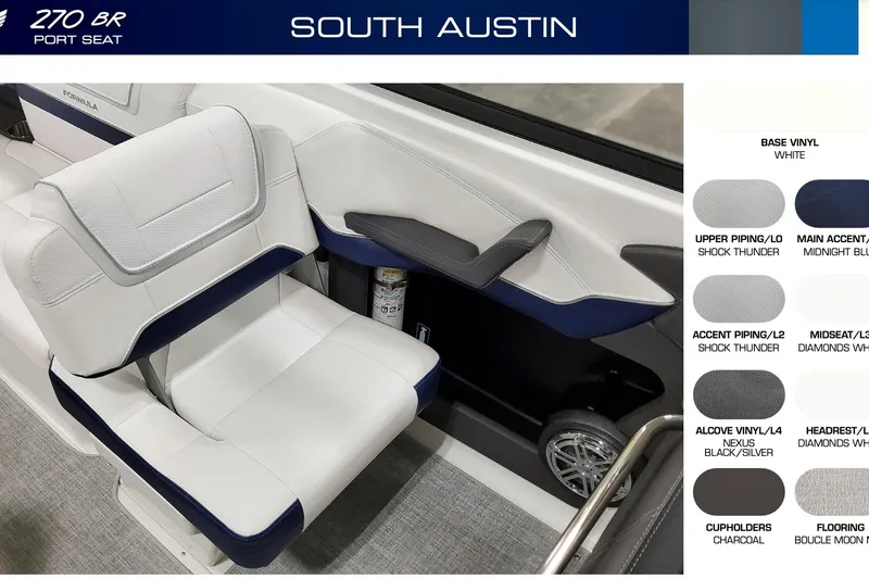 Slide: The Image of 2026 Formula 270 Bowrider port seat with white vinyl and blue accents, South Austin design. - 3