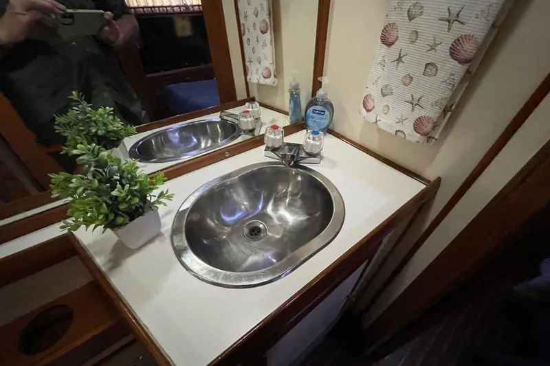 Slide: The Image of Bathroom sink area on 1986 NOVA MARINE 36 Sundeck with plant and toiletries. - 9