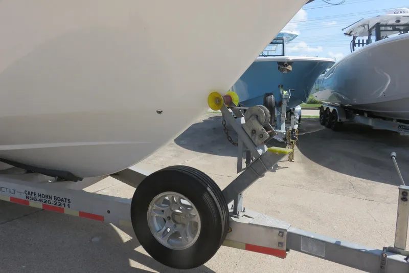 Slide: The Image of 2020 Cape Horn 31 T boat on trailer, close-up view of bow and wheel. - 27