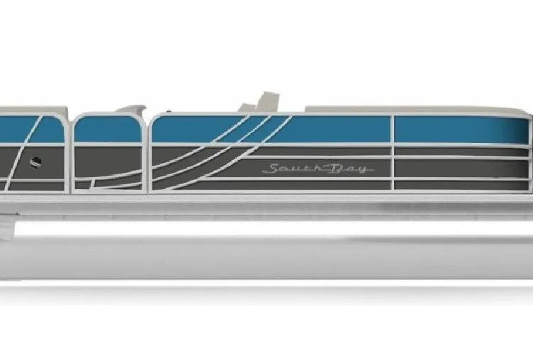 Slide: The Image of 2025 South Bay 222 LE pontoon boat, sleek design with blue and gray accents. - 12