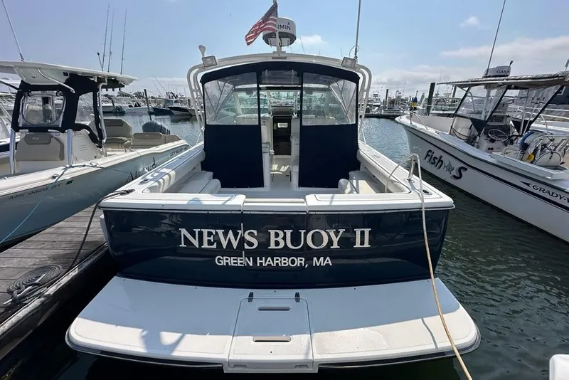 Slide: The Image of 2006 Tiara Yachts 2900 Coronet docked, named "News Buoy II," Green Harbor, MA. - 2