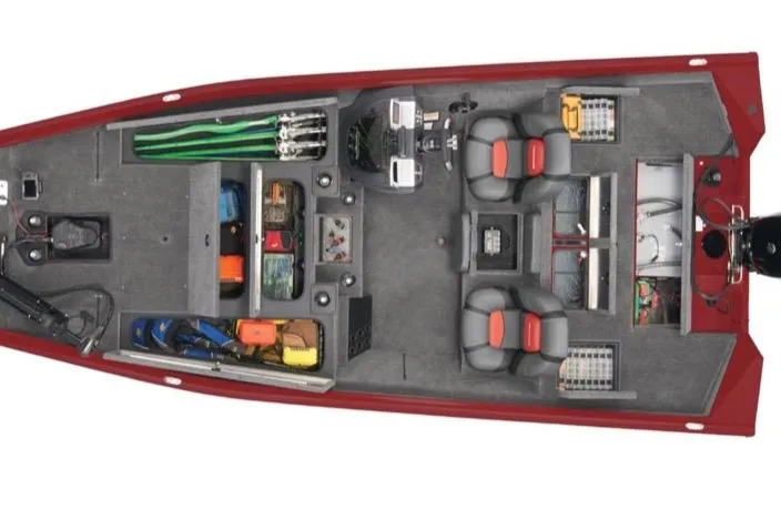 Slide: The Image of 2022 Tracker Pro Team 190 TX Tournament Edition boat interior with organized storage and seating. - 34