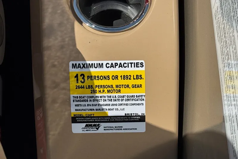 Slide: The Image of Barletta Cabrio 24UE 2026 capacity label, 13 persons or 1892 lbs, 250 HP motor. - 75