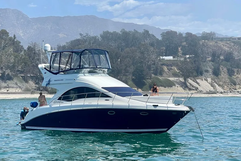 The Image of 2007 Sea Ray 36 Sedan Bridge yacht anchored near scenic coastline. - 0