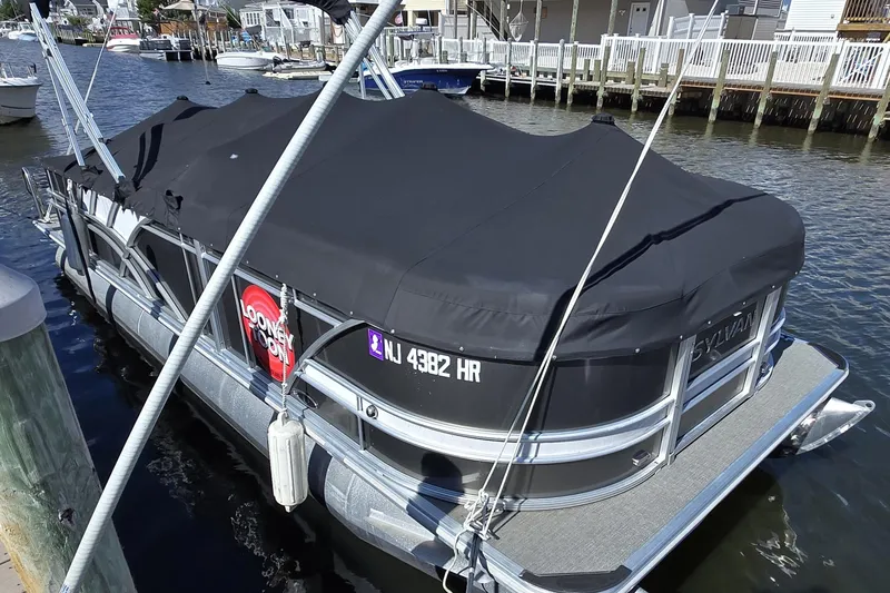 Slide: The Image of 2022 Sylvan L3 Party Fish pontoon boat docked with cover on. - 8