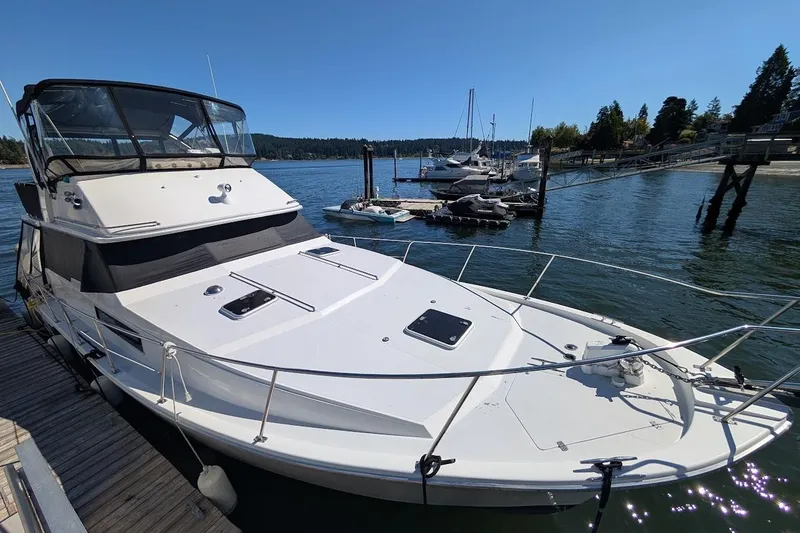 Slide: The Image of 1989 Bayliner 3888 Motoryacht docked in a scenic marina setting. - 2