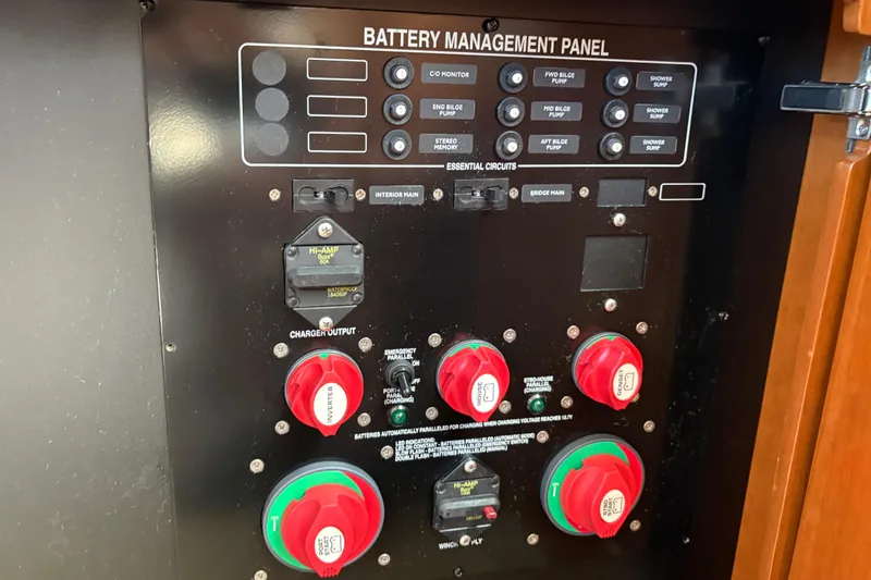 Slide: The Image of Battery management panel on 2005 Meridian 368 Motoryacht, featuring essential circuit controls. - 50