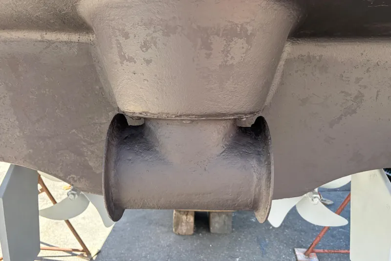 Slide: The Image of Close-up of a 2005 Meridian 368 Motoryacht's bow thruster and propeller. - 87