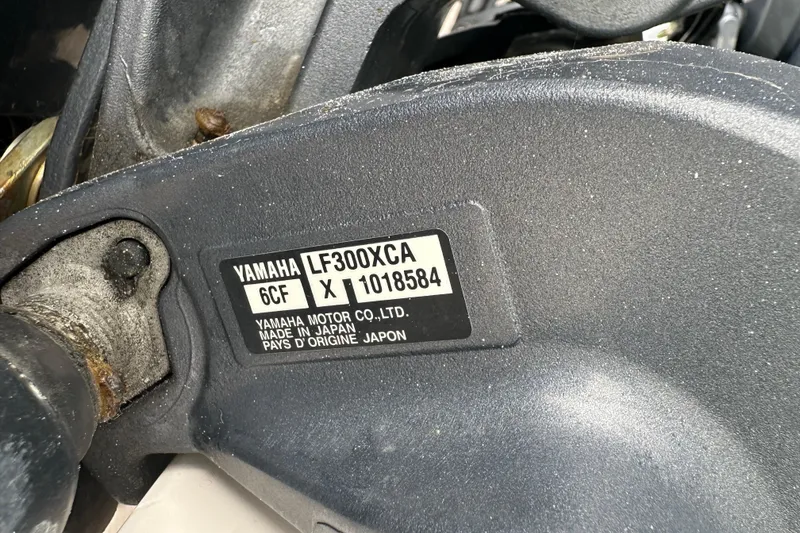 Slide: The Image of Yamaha LF300XCA engine label on 2008 Grady-White Express 330 boat. - 53