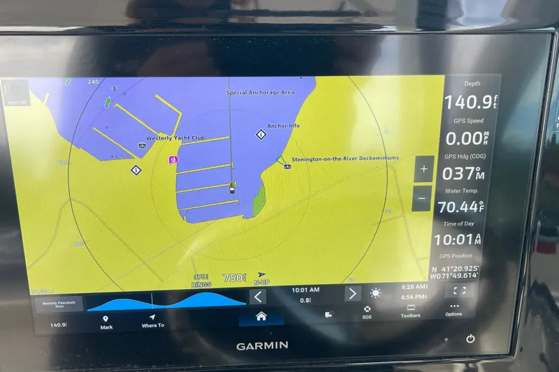 Slide: The Image of Garmin marine GPS display on 2020 Pursuit DC 235 Dual Console, showing Westerly Yacht Club map. - 18