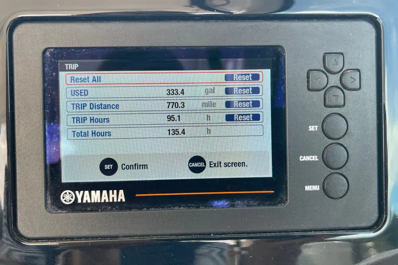 Slide: The Image of Yamaha display showing trip data on a 2020 Pursuit DC 235 Dual Console boat. - 19