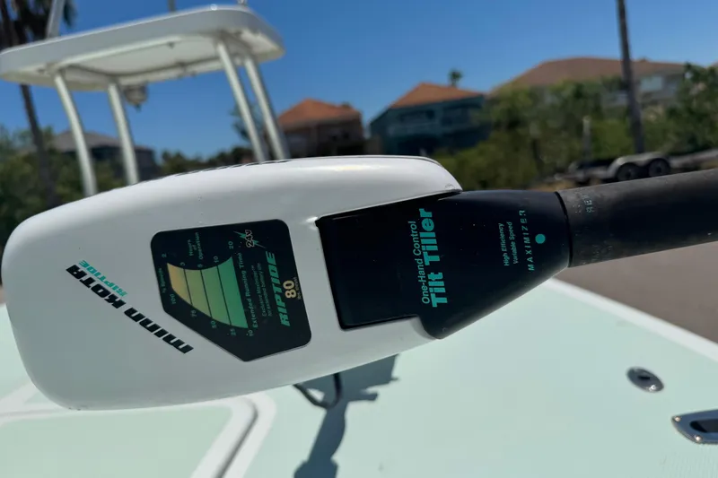 Slide: The Image of Close-up of Minn Kota Riptide motor on 2007 NewWater Ibis boat. - 9