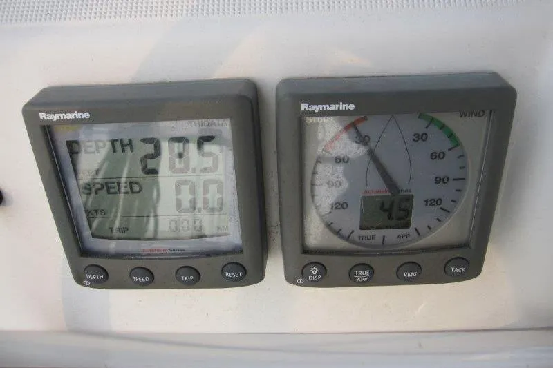Slide: The Image of Raymarine instruments on 2008 Jeanneau Sun Odyssey 39i, displaying depth and wind speed. - 36