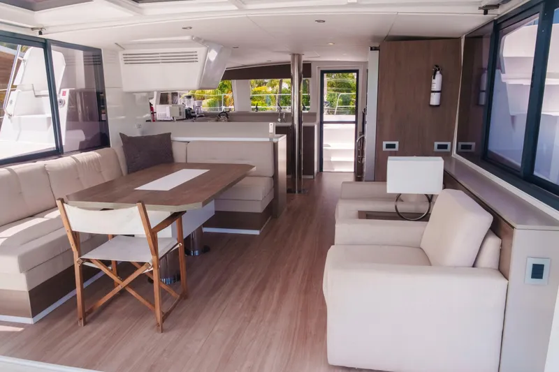 Slide: The Image of Luxurious interior of 2023 Bali 4.4 yacht with modern seating and dining area. - 18