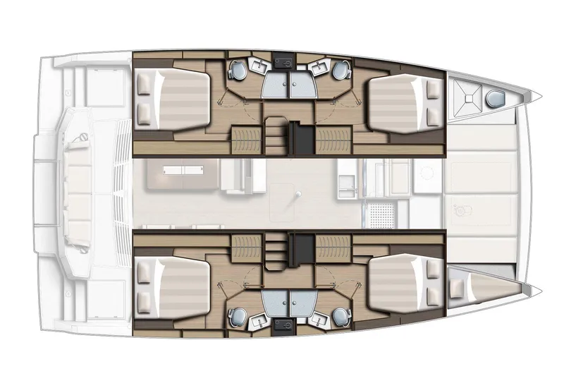 Slide: The Image of Floor plan of Bali 4.4 catamaran, 2023 model, featuring cabins, bathrooms, and living areas. - 5