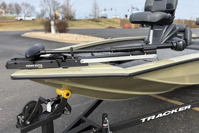 Slide: The Image of 2026 Tracker Pro Team 190 boat with Minn Kota trolling motor on trailer. - 25