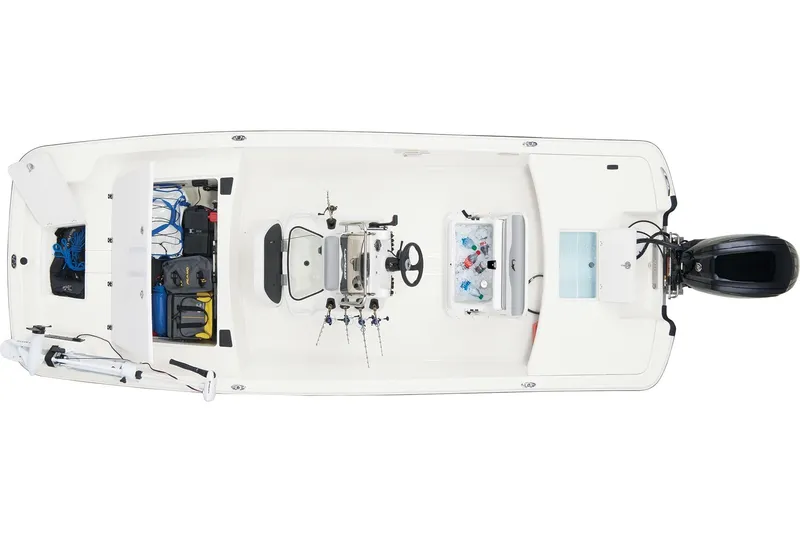 Slide: The Image of Top view of 2026 Mako Pro Skiff 17 CC boat with fishing gear and motor. - 9