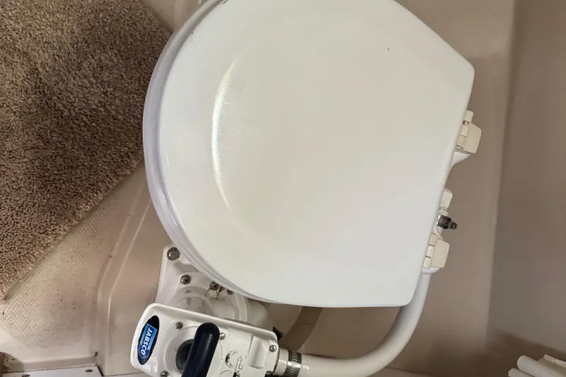 Slide: The Image of Boat toilet in a 1988 Catalina 34, featuring a Jabsco pump handle. - 24