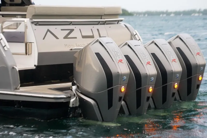 Slide: The Image of Azimut Verve 47 (2021) with multiple Mercury 450R outboard engines on water. - 26