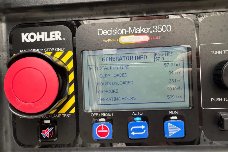Slide: The Image of Kohler generator control panel displaying runtime and operational data for Azimut Verve 47, 2021 model. - 43