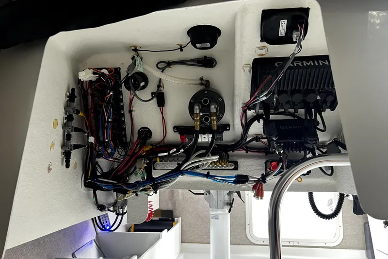 Slide: The Image of 2023 Parker 2120 Sport Cabin boat wiring and electronics setup. - 87