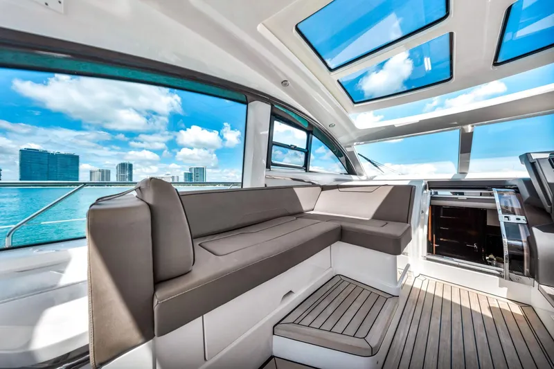 Slide: The Image of Luxurious interior of 2018 Fairline Targa 53 OPEN yacht with panoramic windows and skylights. - 19
