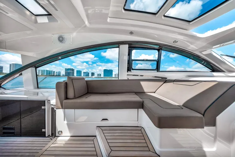 Slide: The Image of 2018 Fairline Targa 53 OPEN yacht interior with sleek seating and panoramic windows. - 20