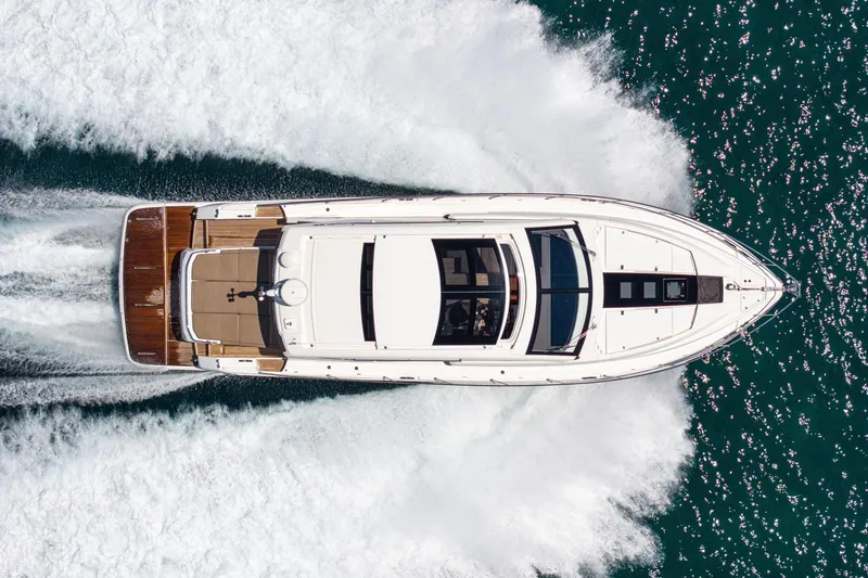 Slide: The Image of Top view of 2018 Fairline Targa 53 OPEN yacht cruising on water. - 3
