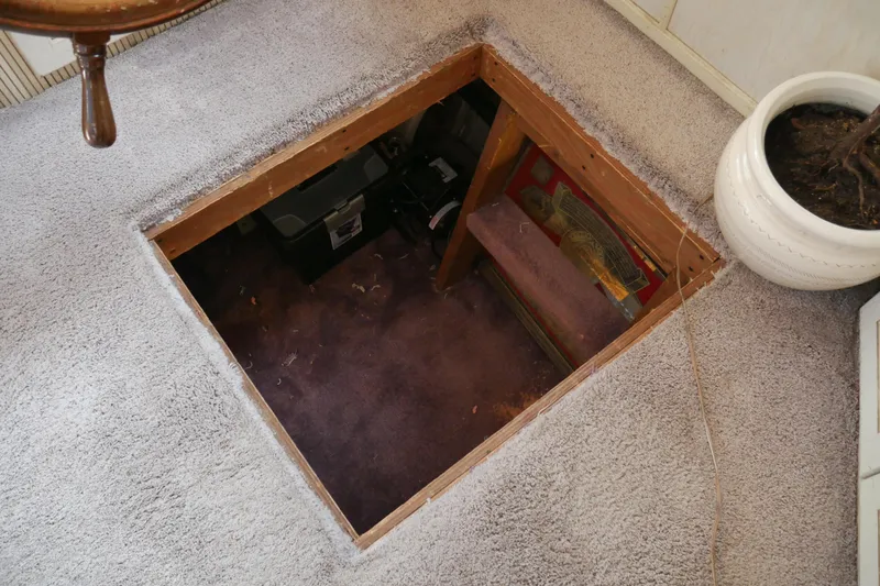 Slide: The Image of Hidden compartment in carpeted floor, STARDUST Cruiser 1996, with storage and plant nearby. - 62