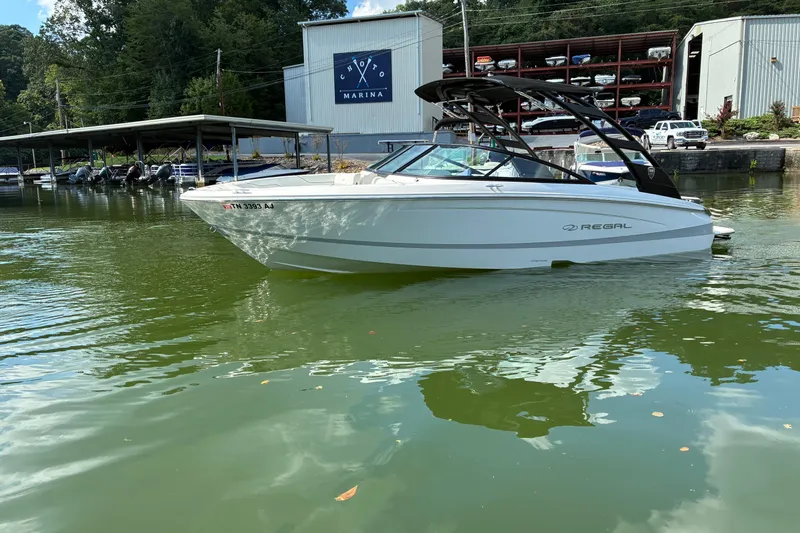The Image of 2025 Regal LS2 boat docked at Choto Marina, surrounded by green water. - 1