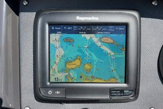 Slide: The Image of Raymarine navigation display on 2017 Monterey M-45 boat, showing detailed marine chart. - 17