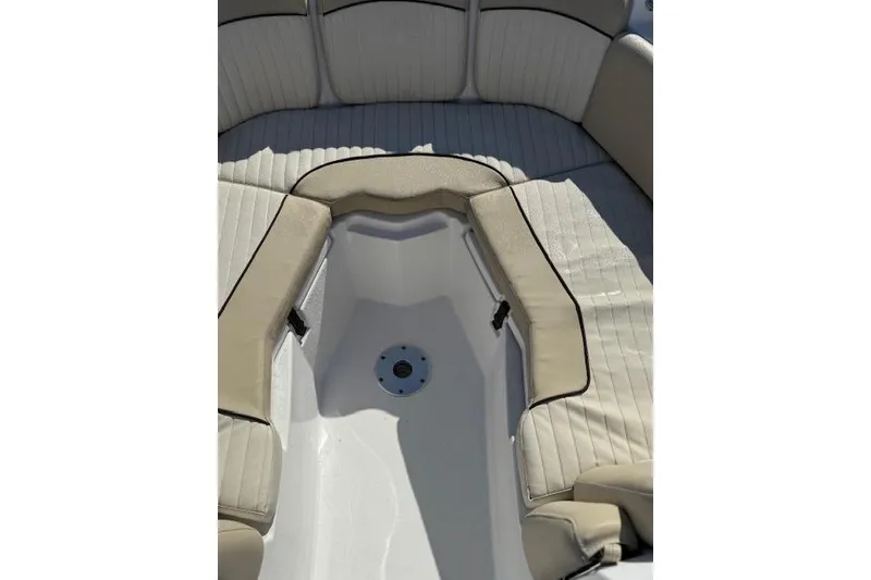 Slide: The Image of 2018 Sea Fox 226 Traveler boat interior with beige cushioned seating. - 15