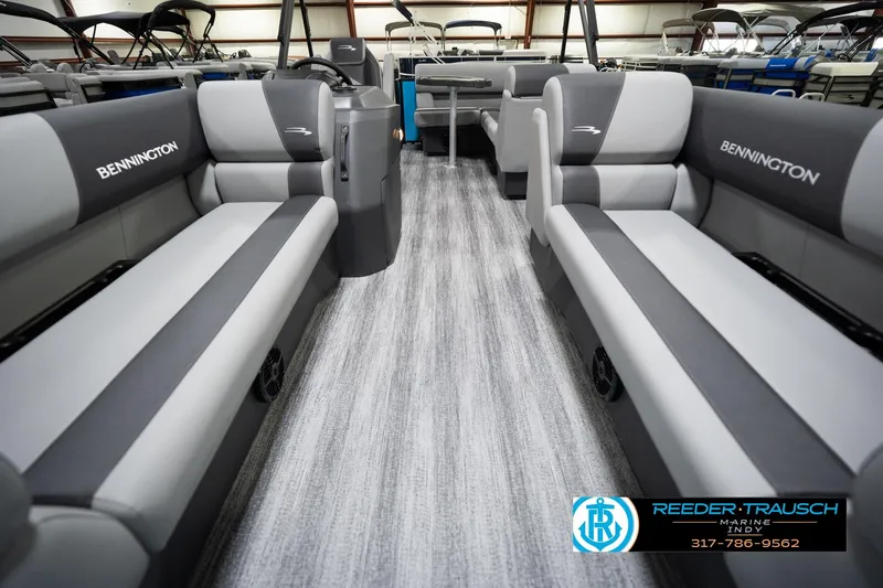 Slide: The Image of 2026 Bennington 188 SL pontoon boat interior with gray seating and modern design. - 15