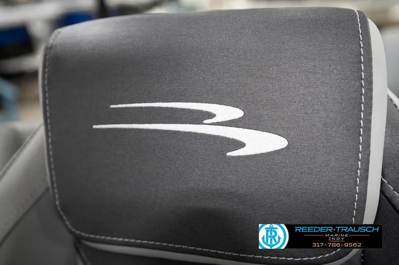 Slide: The Image of Gray Bennington 188 SL 2026 boat seat with logo, featuring Reeder-Trausch Marine contact details. - 40