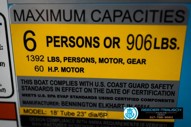 Slide: The Image of 2026 Bennington 188 SL boat capacity label: 6 persons, 906 lbs, 60 HP motor. - 53