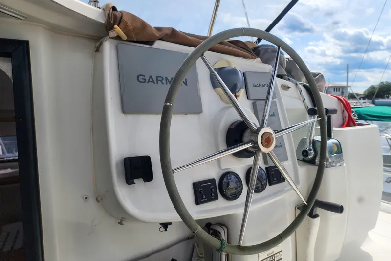 Slide: The Image of Steering wheel of 2013 Fountaine Pajot Lipari 41 catamaran with Garmin navigation system. - 18