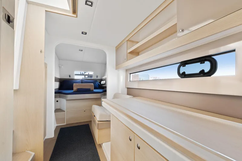 Slide: The Image of Luxurious interior of 2018 Bali 4.0 yacht with modern design and cozy sleeping area. - 21