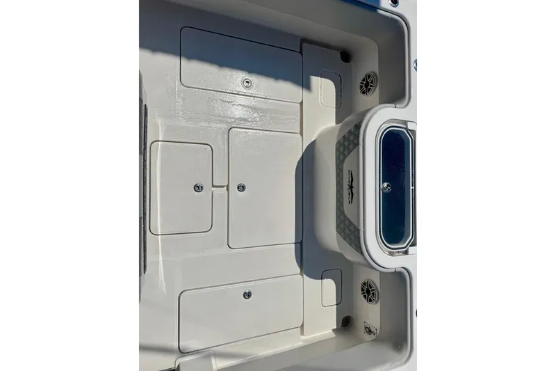 Slide: The Image of 2020 Invincible 36 Open Fisherman boat deck with storage compartments and livewell. - 21