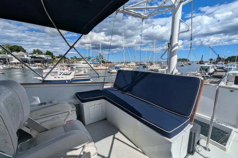 Slide: The Image of Flybridge view of 2000 Duffy Flybridge 37 yacht in a marina setting. - 6