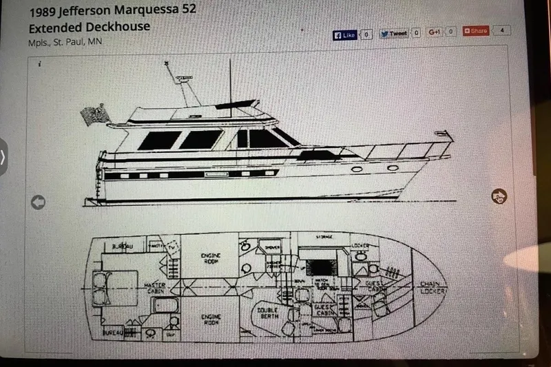 Slide: The Image of 1989 Jefferson Marquessa 52 yacht with extended deckhouse and detailed floor plan. - 31