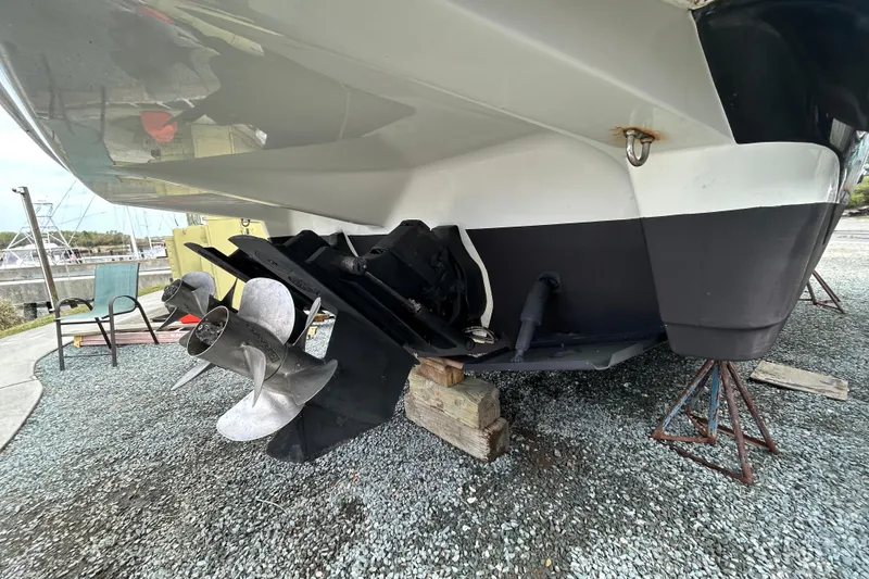 Slide: The Image of 2015 Crownline 350 SY boat hull and propeller on dry dock. - 65
