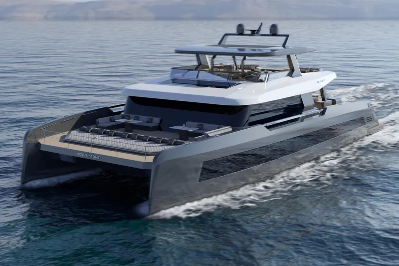 Slide: The Image of Luxurious 2027 Moon 9ty yacht cruising on open water, showcasing sleek modern design. - 11