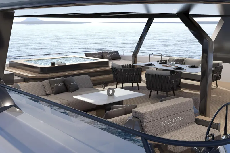 Slide: The Image of Luxurious Moon 9ty yacht deck with jacuzzi and elegant seating, 2027 model. - 15