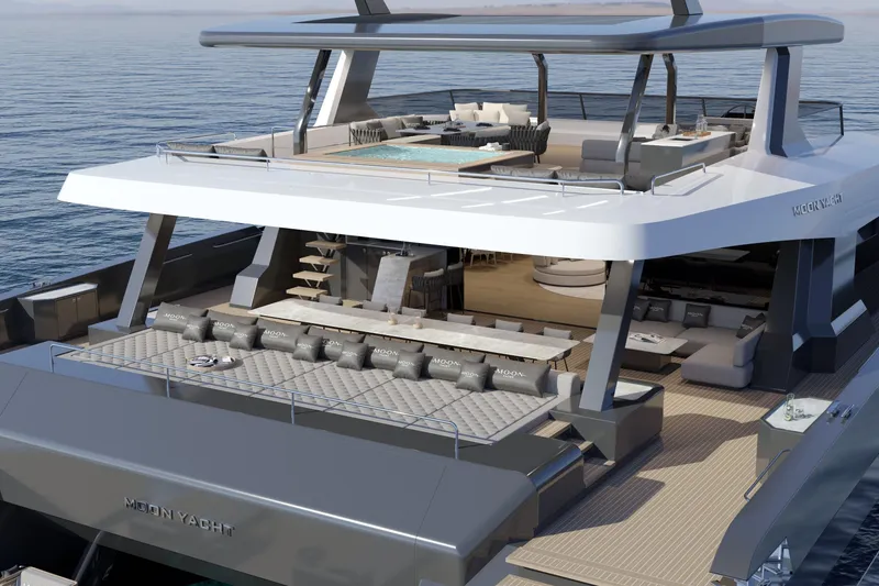 Slide: The Image of Luxurious 2027 Moon 9ty yacht with spacious decks and modern amenities on the ocean. - 16